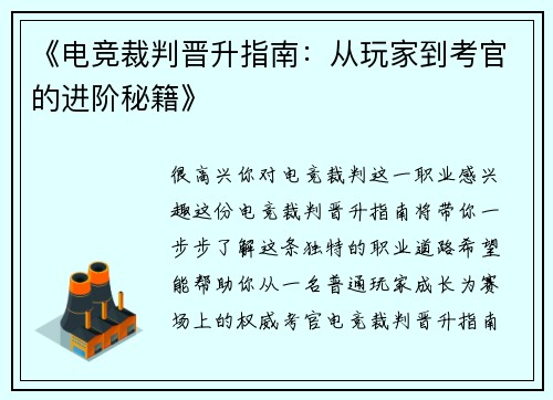 《电竞裁判晋升指南：从玩家到考官的进阶秘籍》