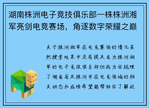 湖南株洲电子竞技俱乐部—株株洲湘军亮剑电竞赛场，角逐数字荣耀之巅